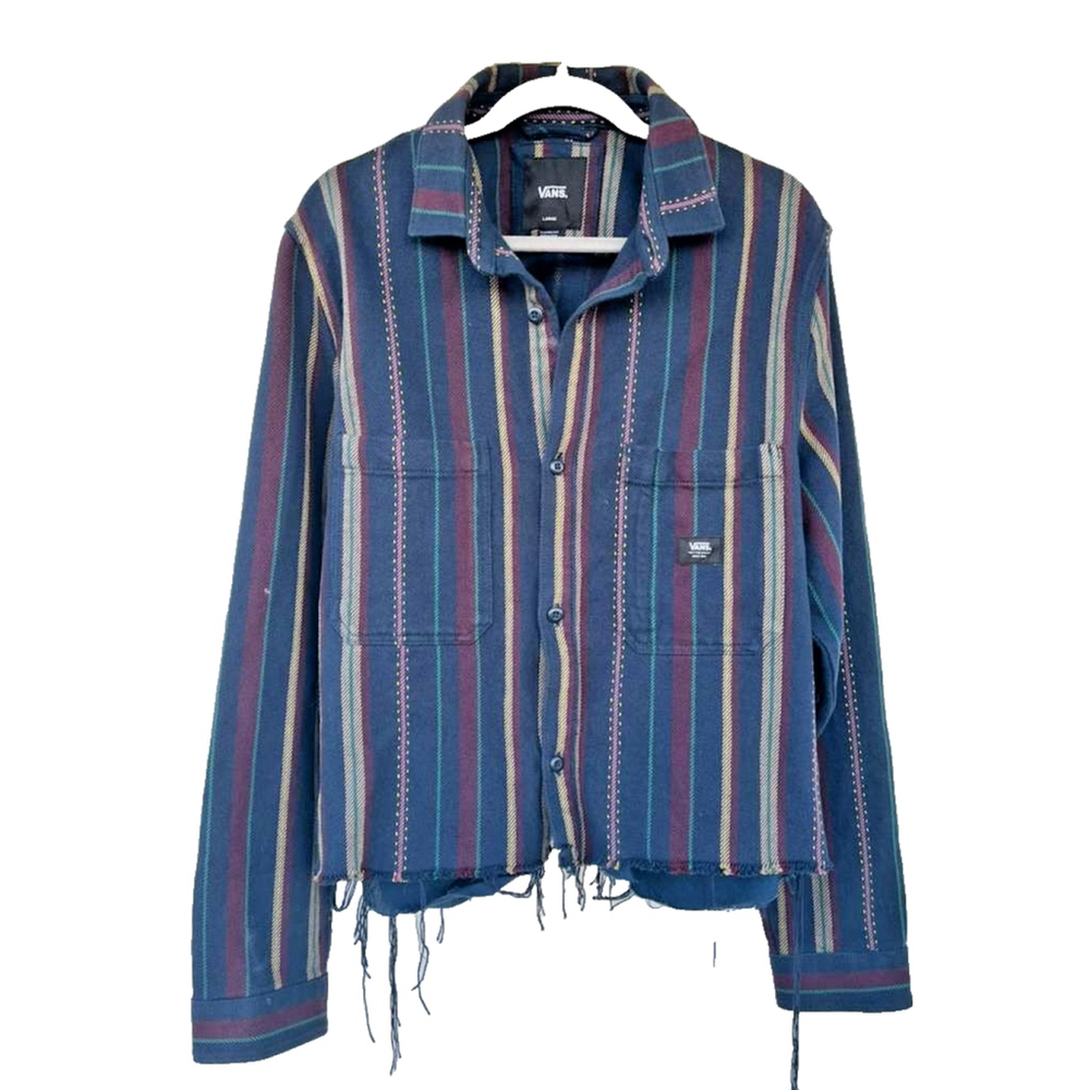 Vans Cropped Striped Jacket Raw Hem Canvas Denim Feel Women’s Large Y2K - Picture 1 of 15